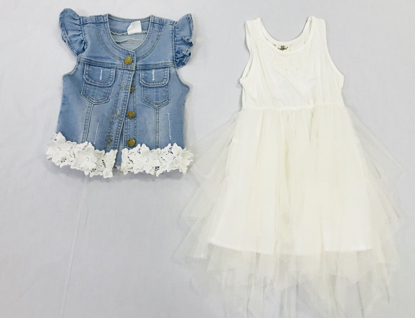 ML KIDS WHITE DRESS AND JEAN VEST 2-PIECE SET SIZES 2T-4T