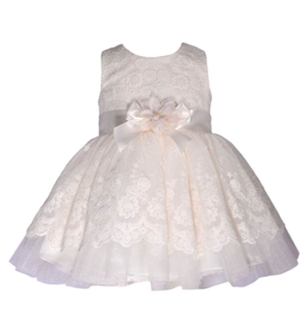 BONNIE JEAN R3-11068-DV GIRLS SLEEVELESS SCALLOPED EMBROIDERED MESH DRESS WITH SOLID MESH UNDERLAY AND RIBBON TRIM