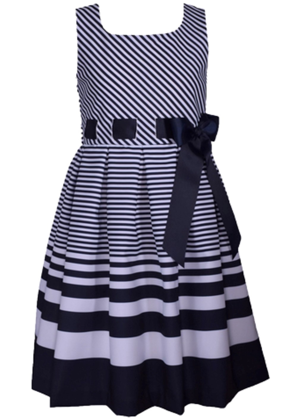 BONNIE JEAN R4-10983-DV GIRLS SLEEVELESS PULL THROUGH RIBBON NAUTICAL DRESS WITH STRIPED BOARDER