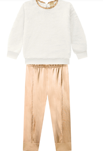 MILON GIRLS 2 PIECE LEGGING SET WITH OFF WHITE FAUX FUR TOP AND COPPER FAUX LEATHER LEGGINGS