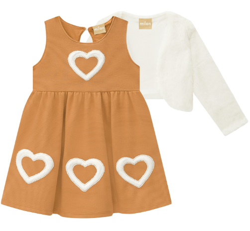 MILON 2 PIECE HAZEL DRESS SET WITH HEART APPLIQUES AND OFFWHITE FAUX FUR SHRUG