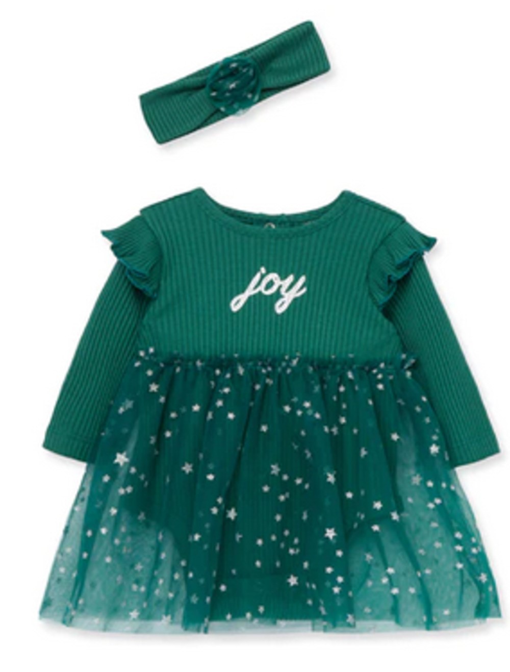 LITTLE ME L300 BABY GIRLS HOLIDAY JOY GREEN TUTU BODYSUIT DRESS WITH MATCHING HEADBAND