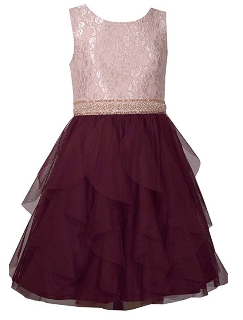 BONNIE JEAN PINK LACE BODICE WITH BURGUNDY CHIFFON LAYERED BOTTOM DRESS