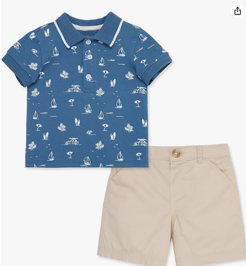 Little Me LPJ14380 Clothes for Baby Boys' Tropical Polo Short Sets, Tan