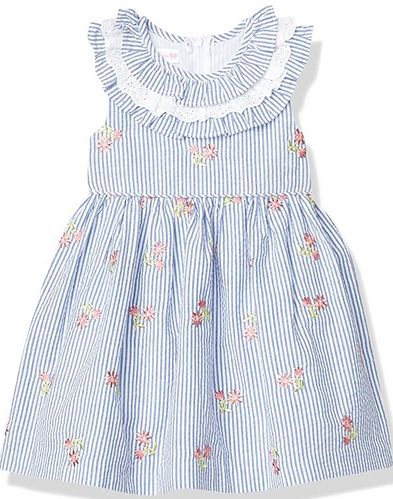 BONNIE JEAN R20037-DV GIRLS FLORAL EMBROIDERED STRIPED SEERSUCKER DRESS