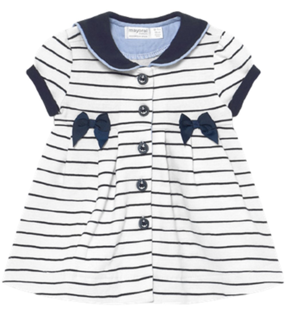 MAYORAL 1801 BABY GIRLS NAVY AND WHITE STRIPED DRESS WITH BOW AND ANCHOR ACCENT