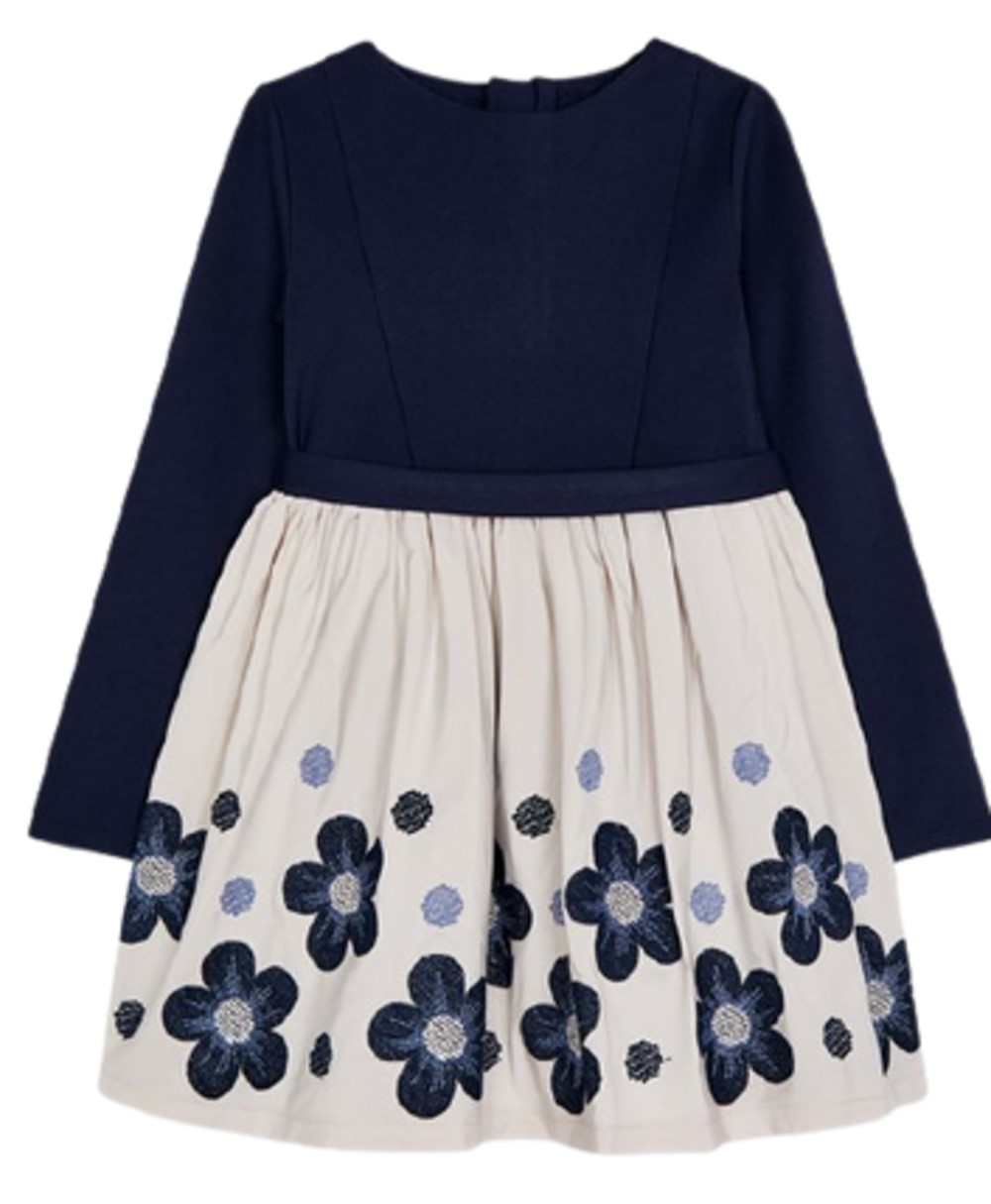 MAYORAL 4916 GIRLS NAVY AND CHAMPAGNE EMBROIDERED FLORAL DRESS