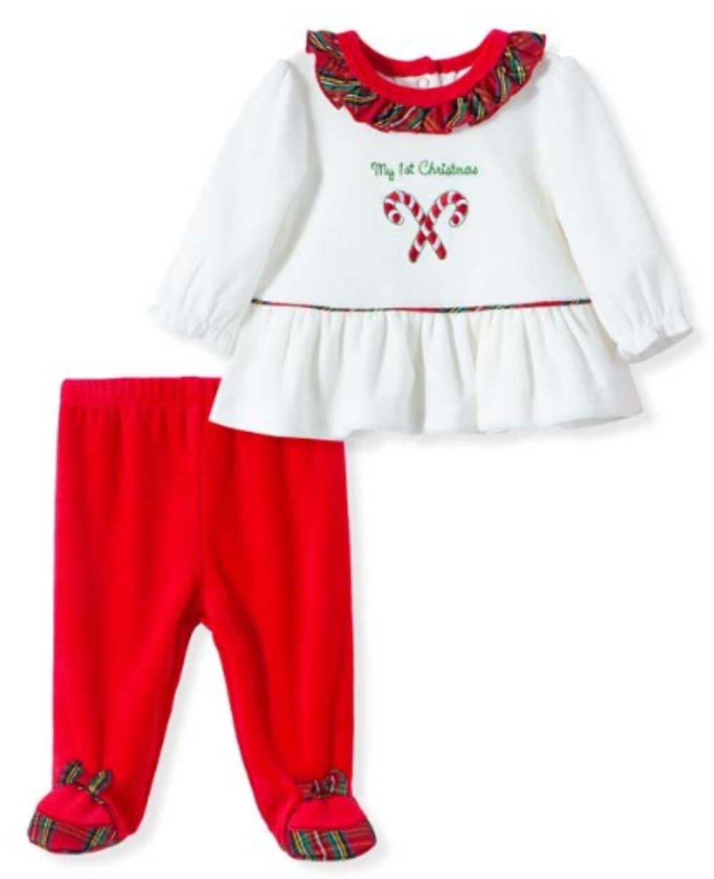 LITTLE ME L600 BABY GIRLS MY FIRST CHRISTMAS CANDY CANE FOOTIE PANTS SET