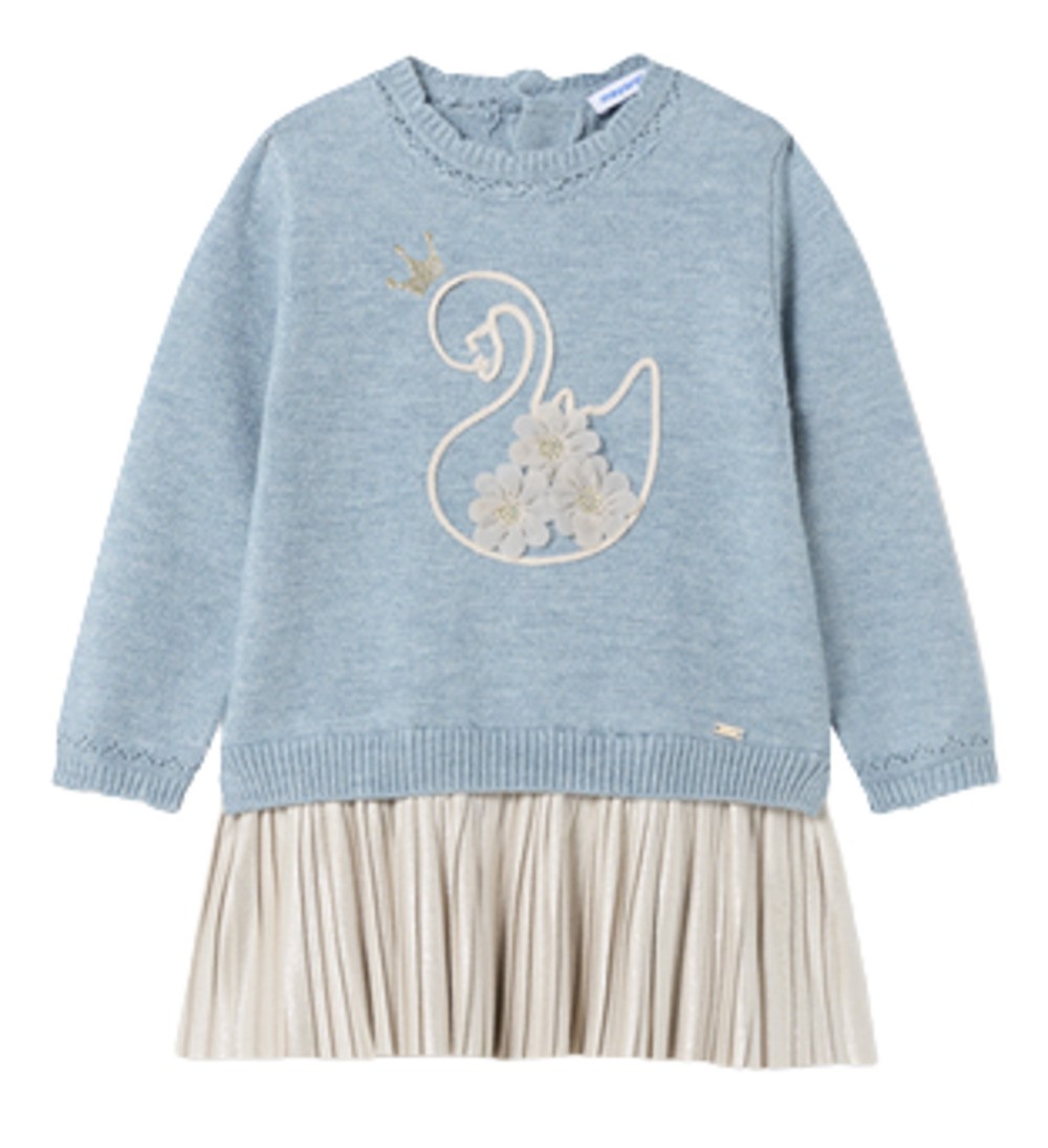 MAYORAL 2975 BABY GIRLS BLUE AND CREAM KNIT COMBINED DRESS WITH SWAN APPLIQUE